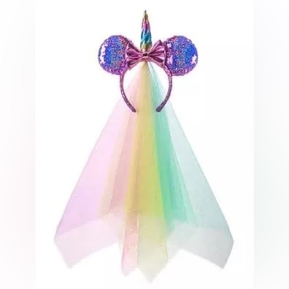 Disney Parks Minnie Mouse Ears Pink Purple Sequin Unicorn Rainbow Veil Headband.